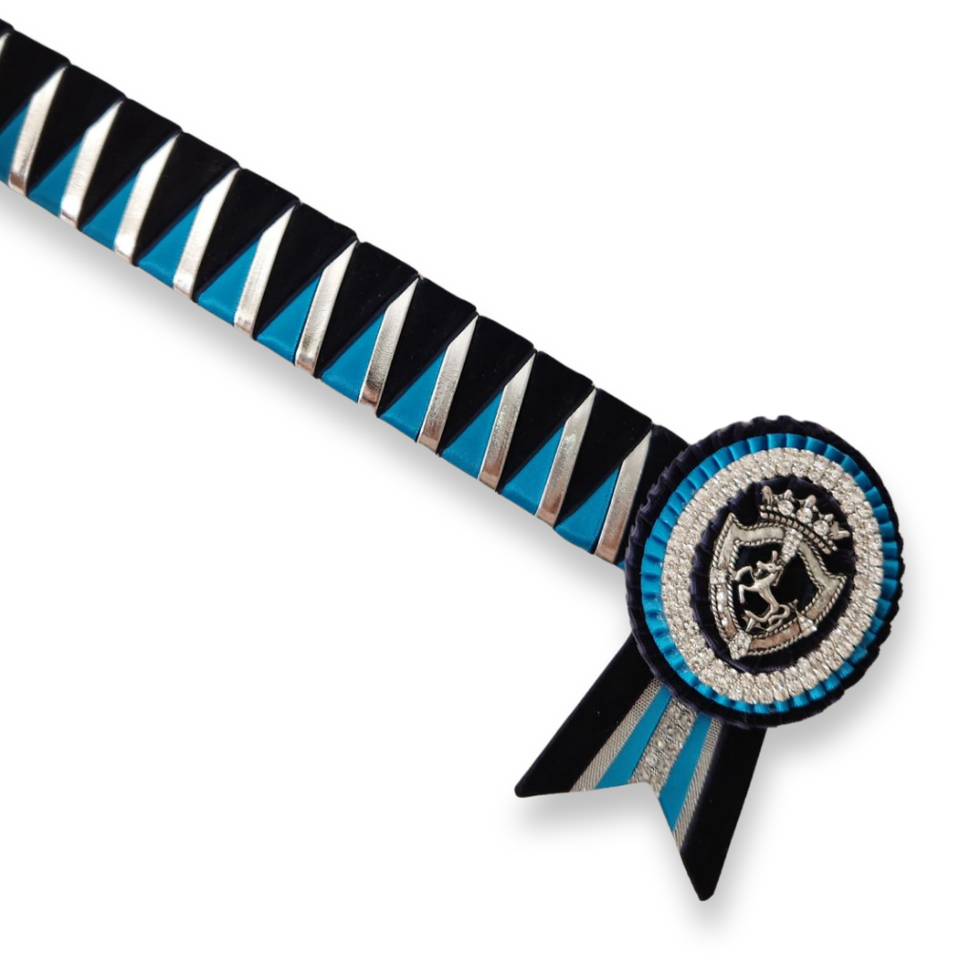 Frontino Per Cavallo Cwell Equine In Pelle Nera Con 5 File Di Cristalli Aqua E Trasparenti, Taglia Pony 35,6 Cm