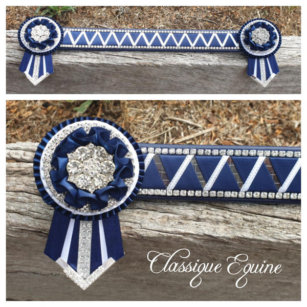 Navy, White & Silver Mirror Sharkstooth Browband