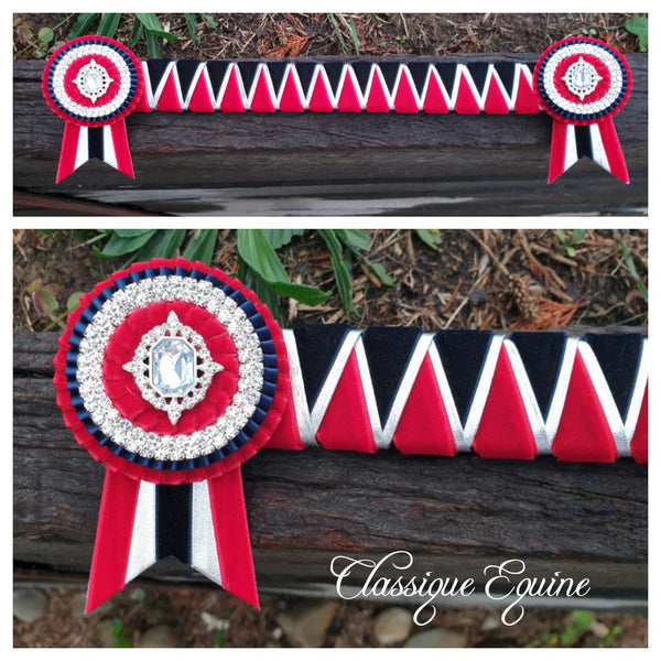 Red, Navy & Silver Velvet Sharkstooth Browband