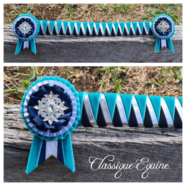 Turquoise, Navy & Silver Velvet Sharkstooth Browband
