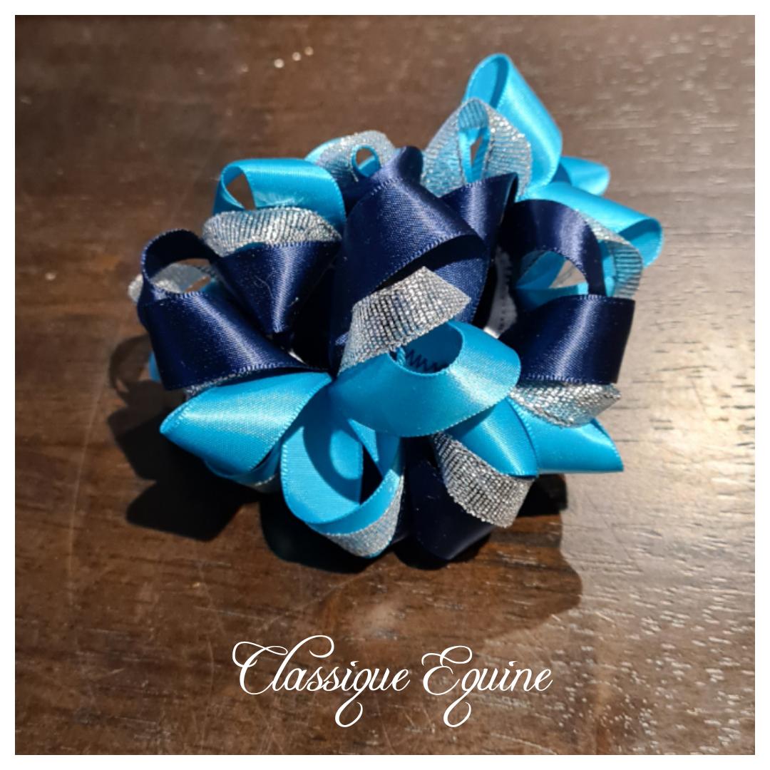 Ribbon Scrunchie - Navy/Aqua/Silver