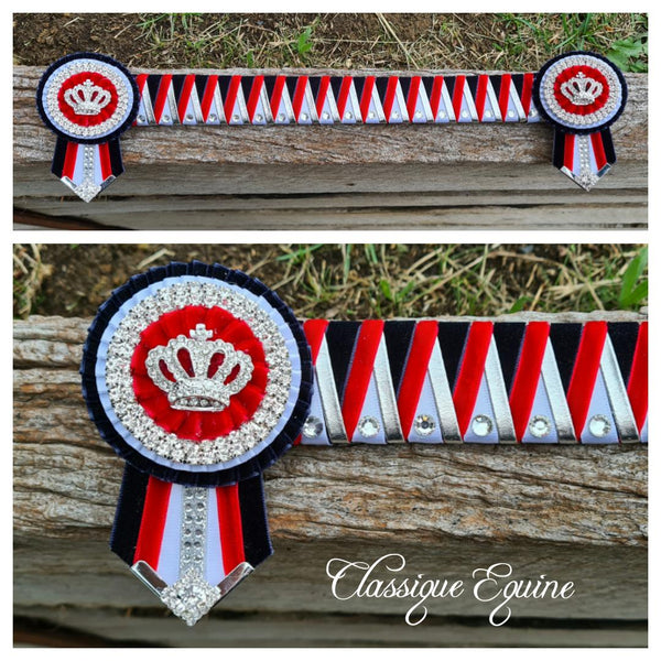 Navy, Red, White & Silver Velvet Sharkstooth Browband