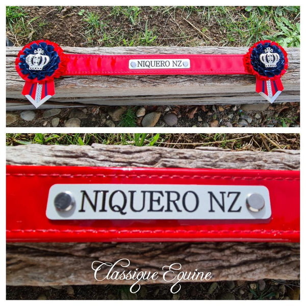 Patent Name Browband with Name Plate - Rosettes/Flags