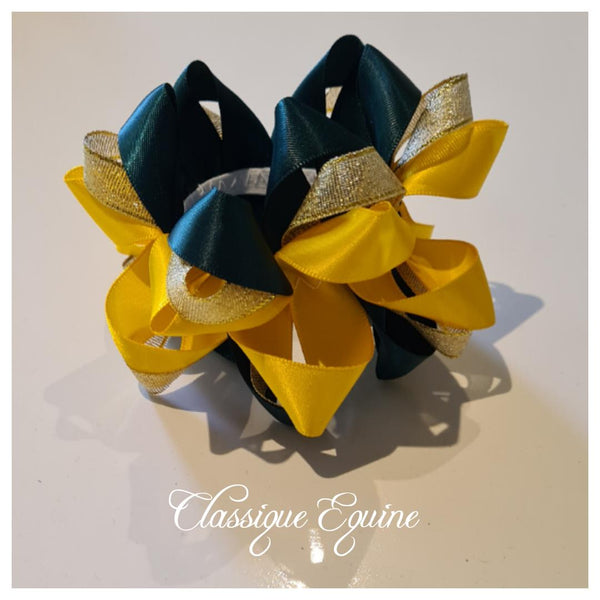 Ribbon Bun Scrunchies - Hunter Green/Yellow/Gold