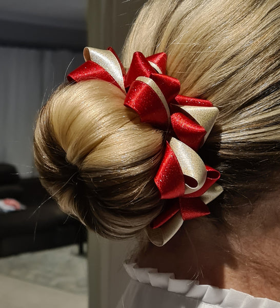 Ribbon Bun Scrunchie - Red/Gold Shimmer