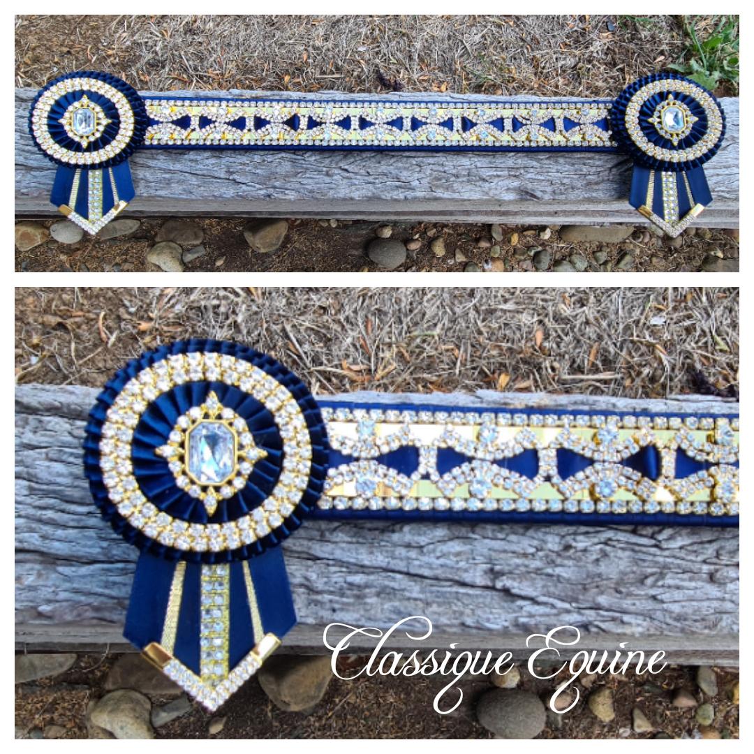 BENZ EQUESTRIAN Blingy V-Shape 5 Row Browband – Royal/Navy/Aqua Blue & Clear Crystal, Black/Brown